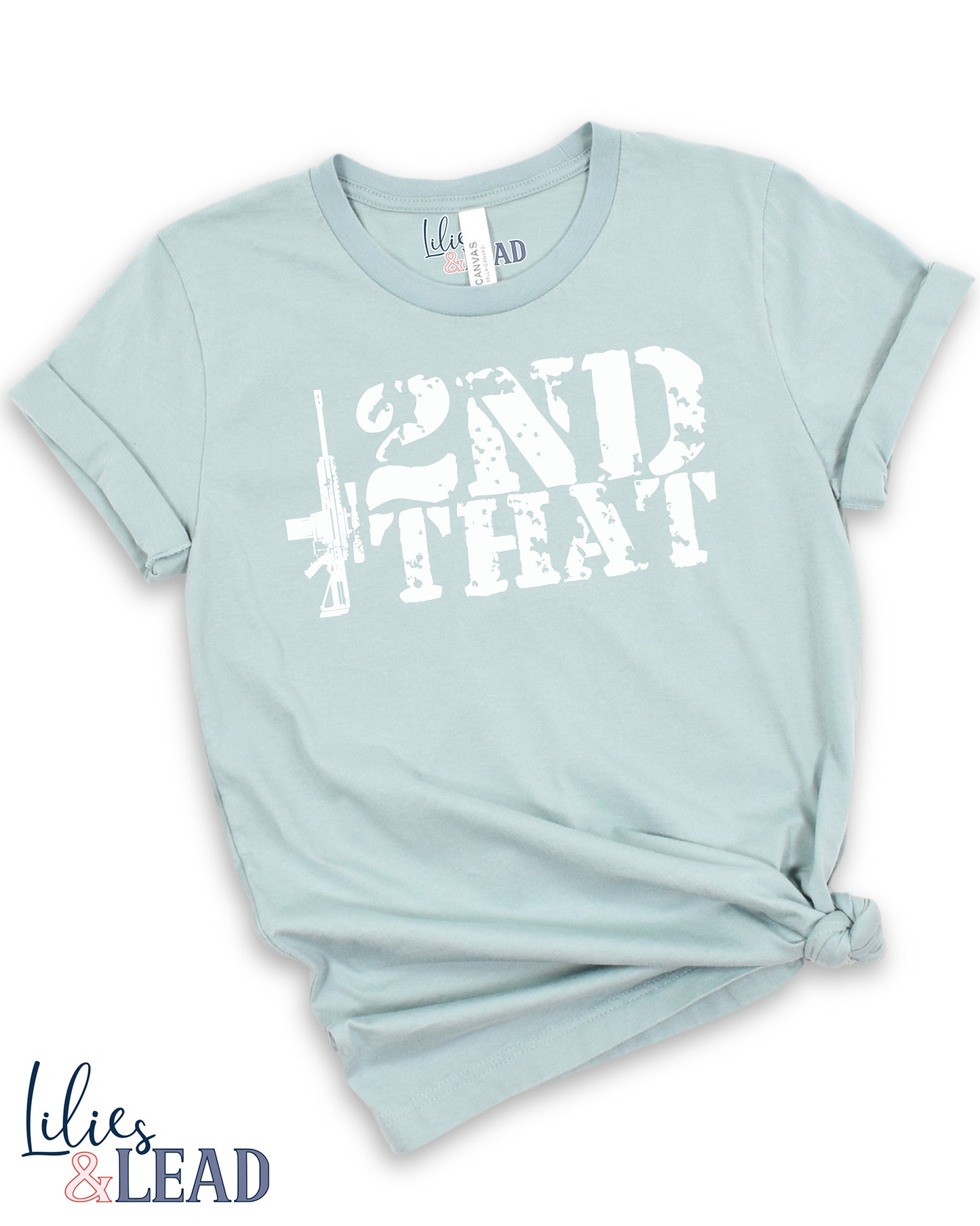 Dusty Blue tee with 2nd that in distressed white with rifle detail