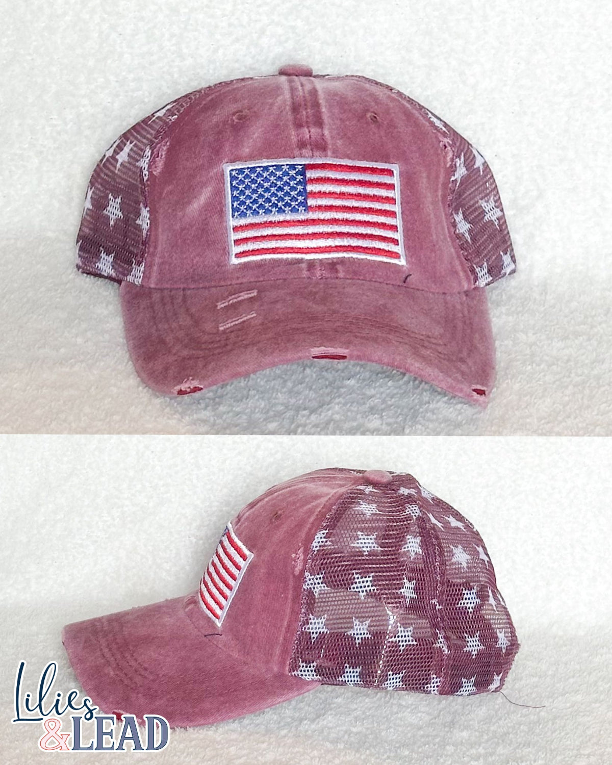 Red distressed baseball cap with American flag design on a white background