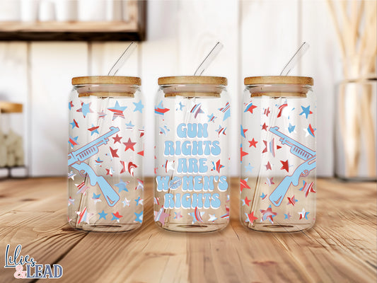 16 oz glass can mockup featuring gun rights are womens rights red white and blue with rifle detail.