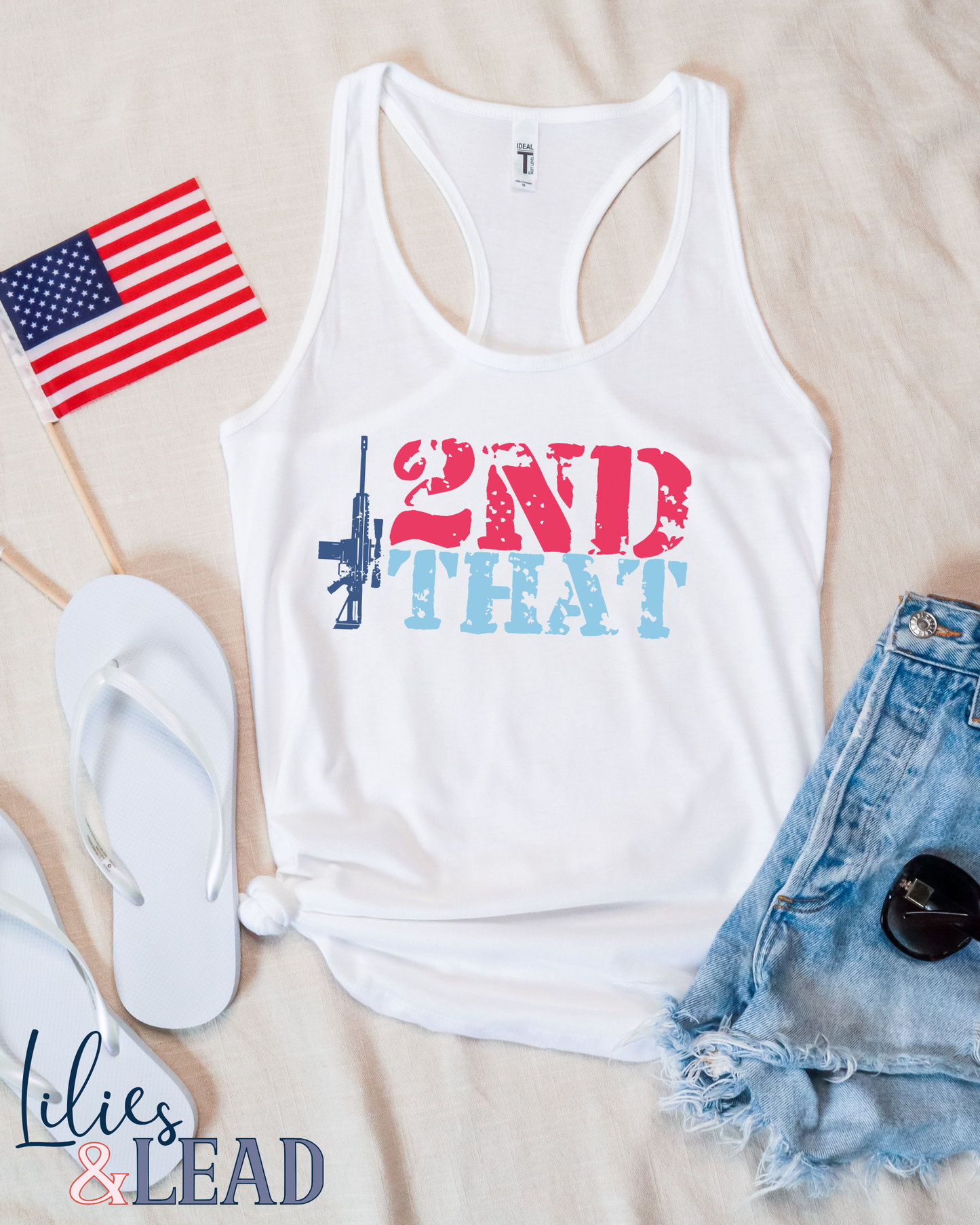 White tank top with 2nd that in red and blue with dark blue rifle detail