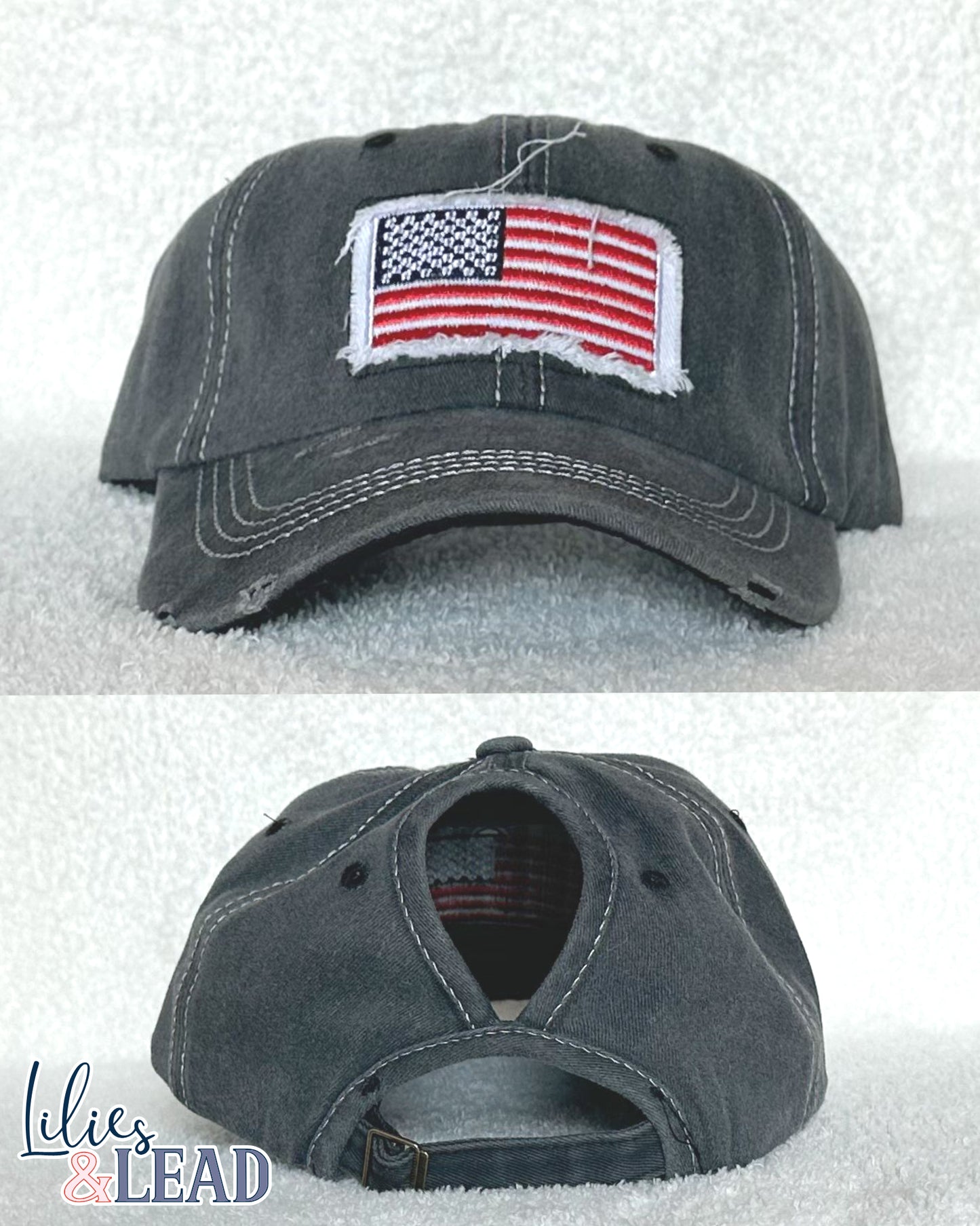 American Flag Distressed Patch Ponytail Cap