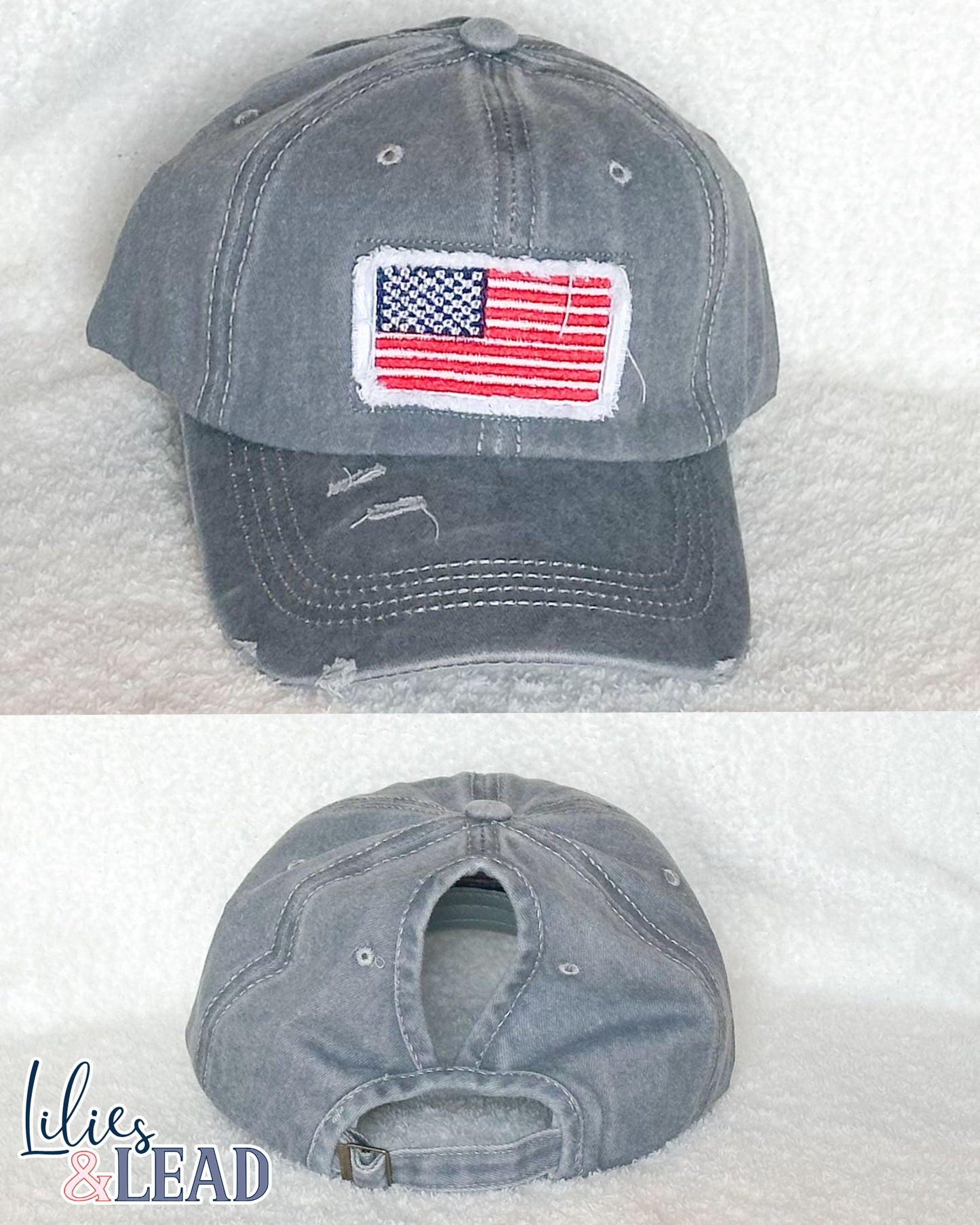 American Flag Distressed Patch Ponytail Cap