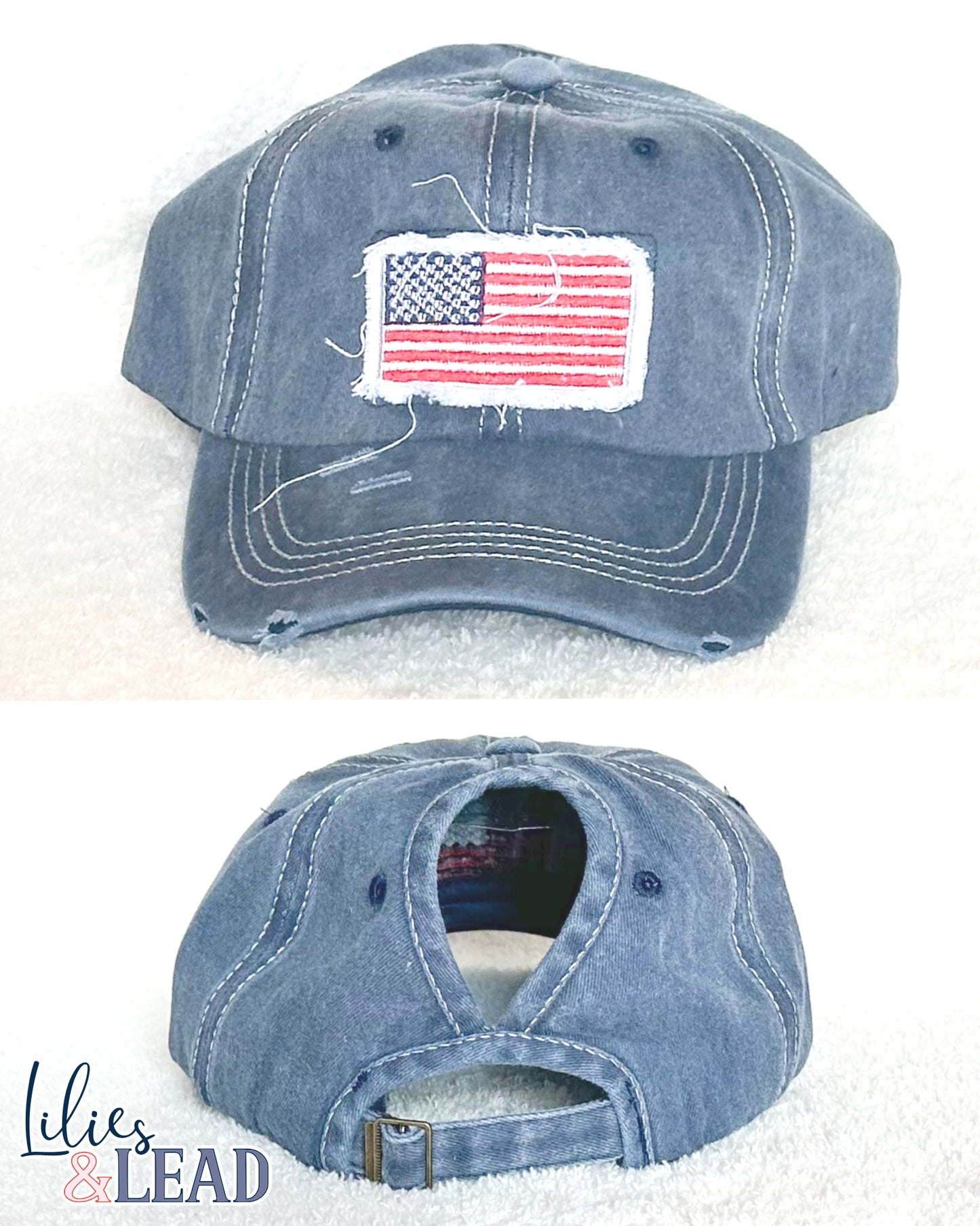 American Flag Distressed Patch Ponytail Cap