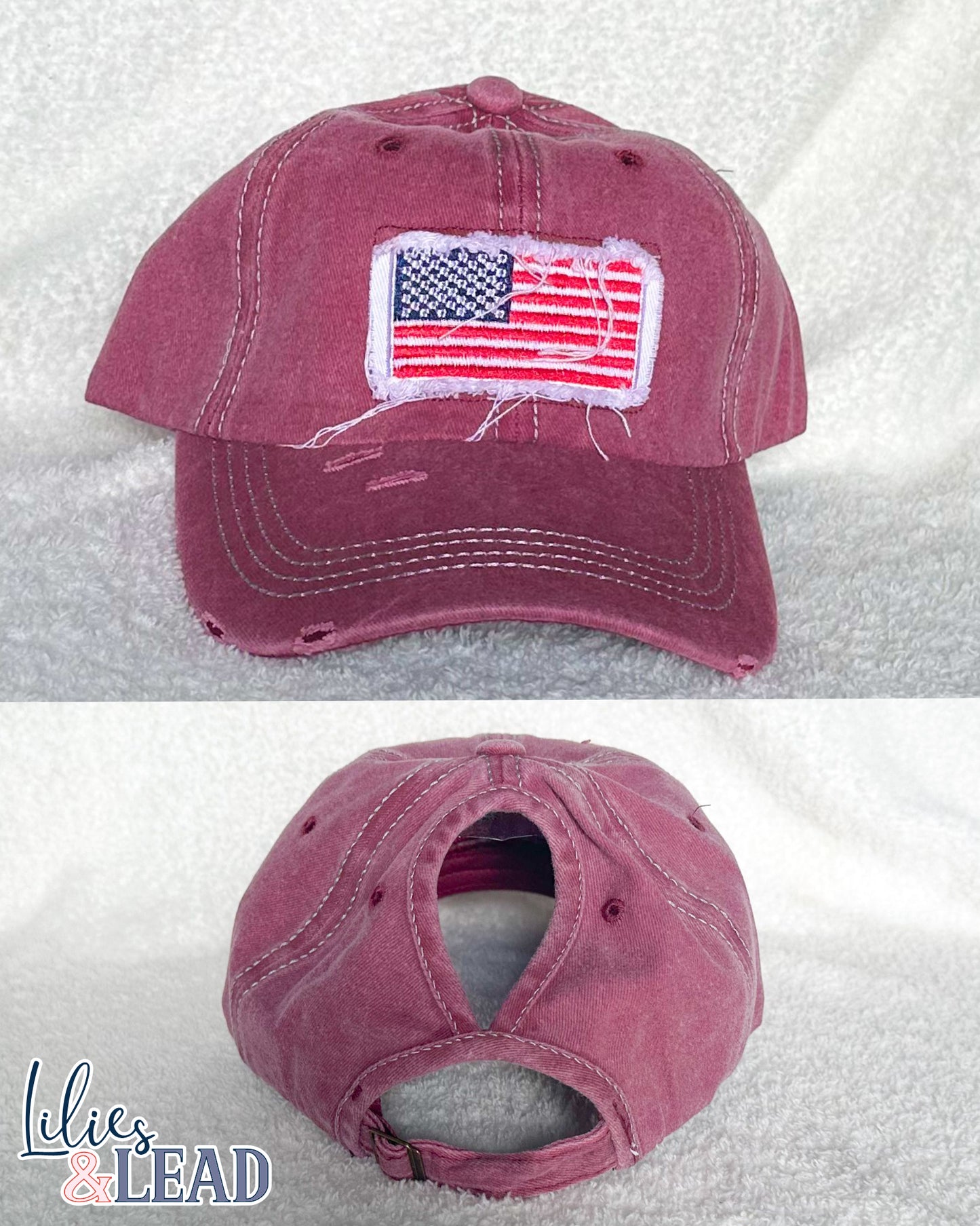 American Flag Distressed Patch Ponytail Cap