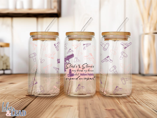 16oz glass can mockup featuring Sticks and Stones may break my bones but hollow points expand on impact design with rifle and bullet details. Full wrap display