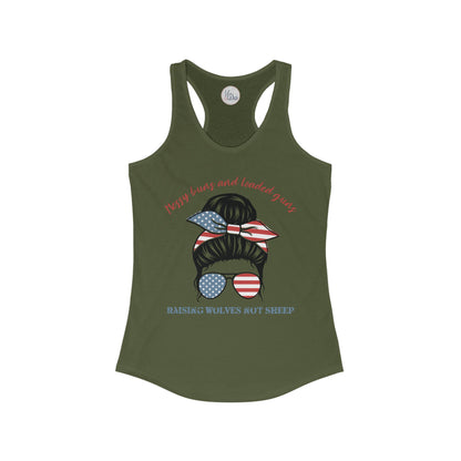 Messy Buns and Loaded Guns, Raising Wolves not Sheep Racerback Tank