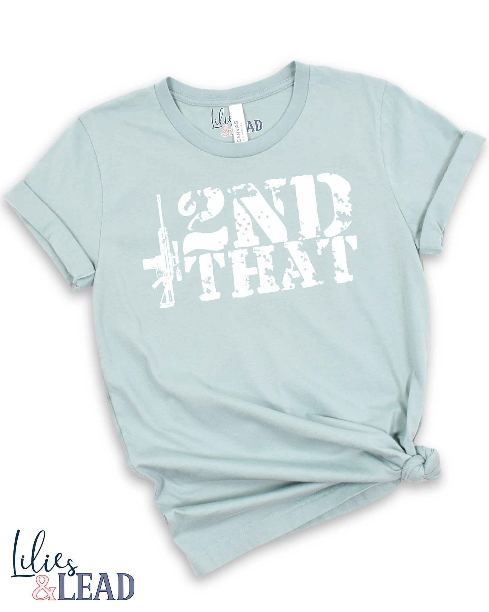 Dusty Blue tee with 2nd that in distressed white with rifle detail