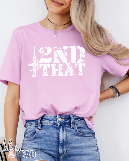 Lilac tee with 2nd that in distressed white with rifle detail