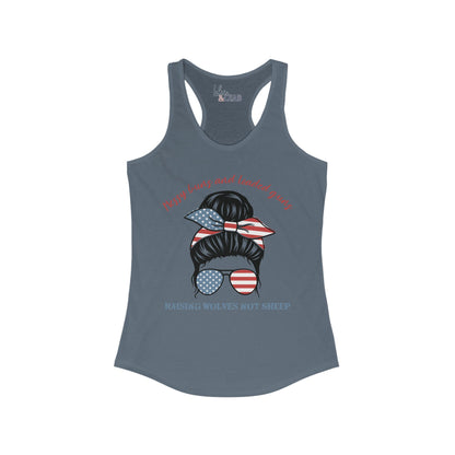 Messy Buns and Loaded Guns, Raising Wolves not Sheep Racerback Tank