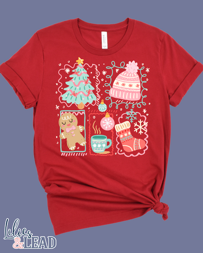 Red t-shirt with Christmas-themed graphics