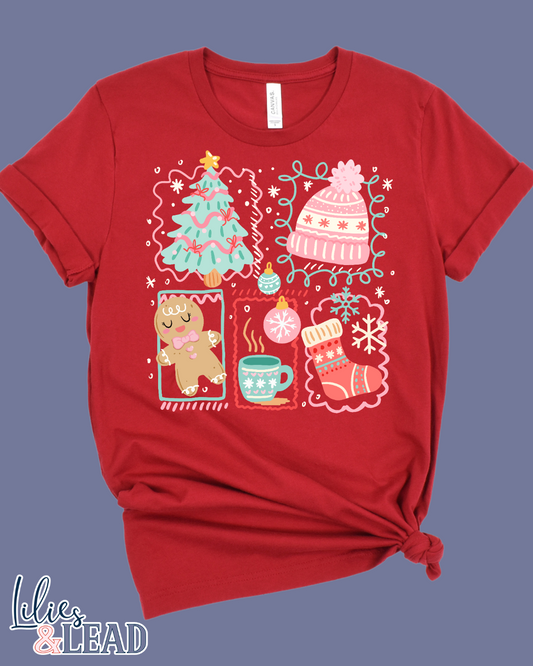 Red t-shirt with Christmas-themed graphics