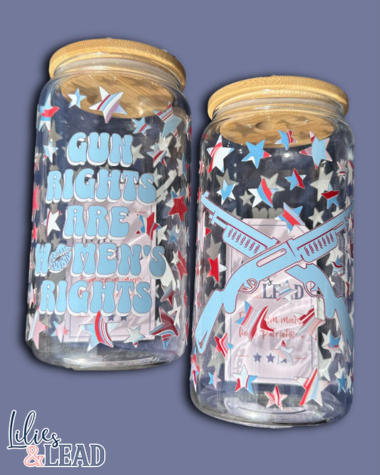 16oz glass can product photo featuring Gun rights are womens rights design with rifle details.