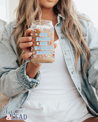 16oz glass can mockup featuring Gun rights are womens rights design with rifle details.