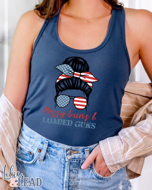 Indigo Tank top with messy bun patriotic design that says messy buns and loaded guns 