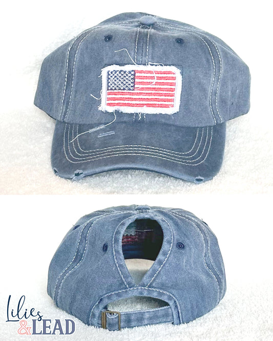 American Flag Distressed Patch Ponytail Cap